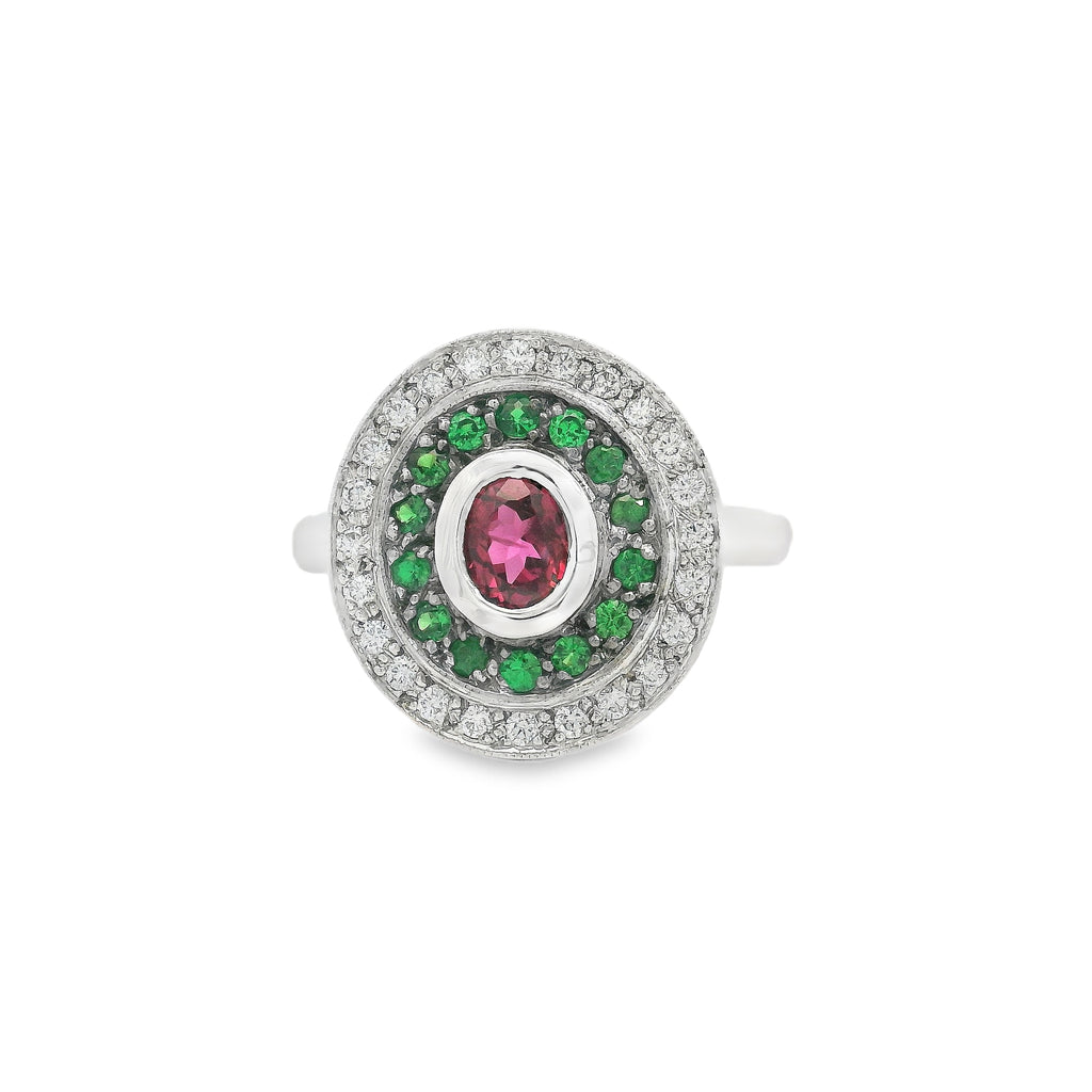 18ct white gold pink Sapphire, Tsavorite garnet & Diamond halo ring