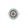 18ct white gold pink Sapphire, Tsavorite garnet & Diamond halo ring