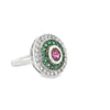 18ct white gold pink Sapphire, Tsavorite garnet & Diamond halo ring