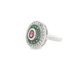 18ct white gold pink Sapphire, Tsavorite garnet & Diamond halo ring