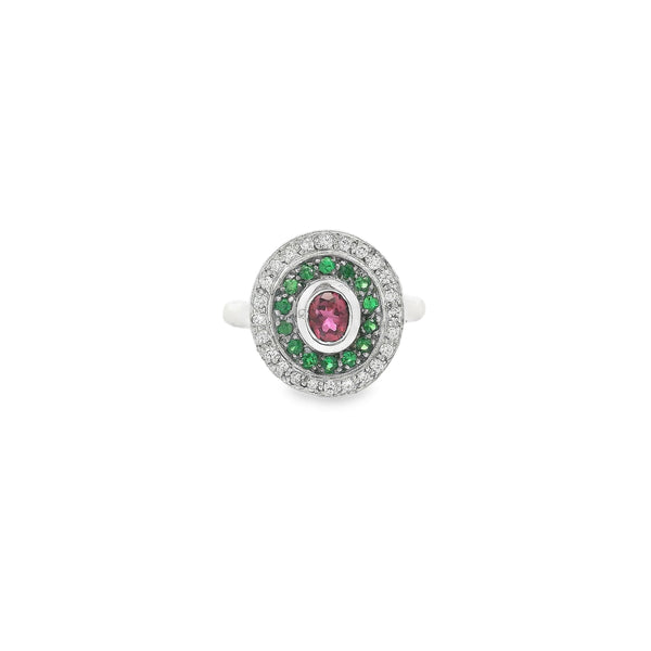 18ct white gold pink Sapphire, Tsavorite garnet & Diamond halo ring