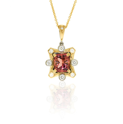 Apricot Pink Tourmaline & Diamond Gold Pendant