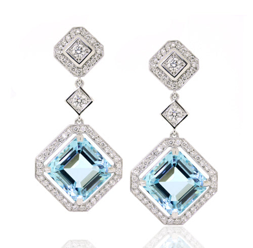 White Gold Diamond & Aquamarine Earrings