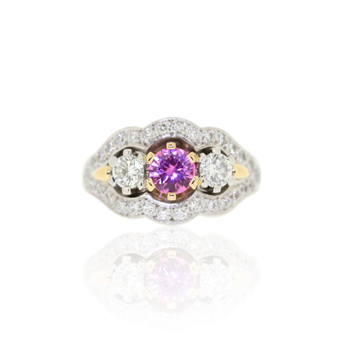 18ct Gold Pink Sapphire & Diamond Trilogy Cluster Ring