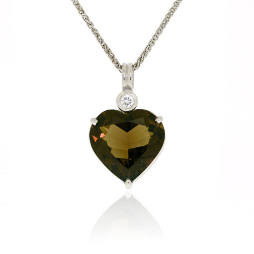 White Gold Smokey Quartz Heart & Diamond Pendant