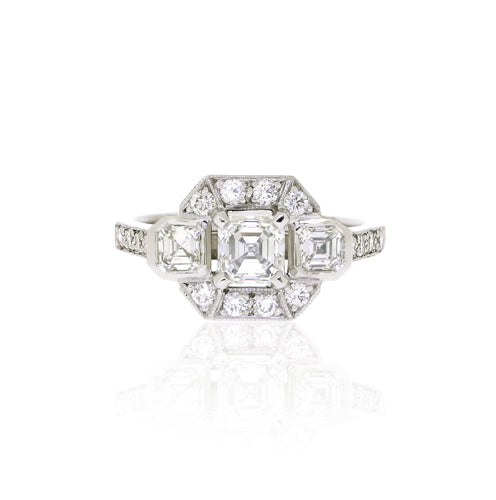 18ct White Gold Square Emerald Diamond Trilogy Ring